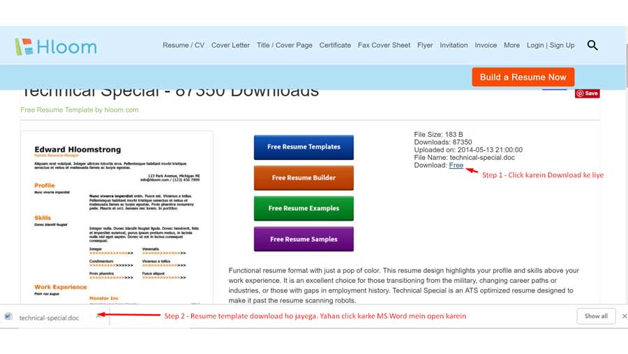 resume template download karne ke liye kahan click karna hai hloom.com pe