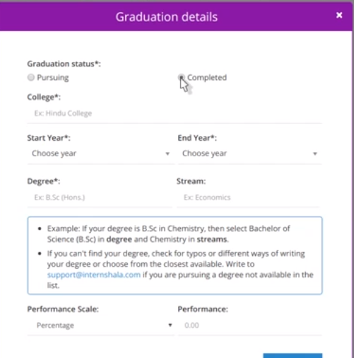 internshala account graduation detail