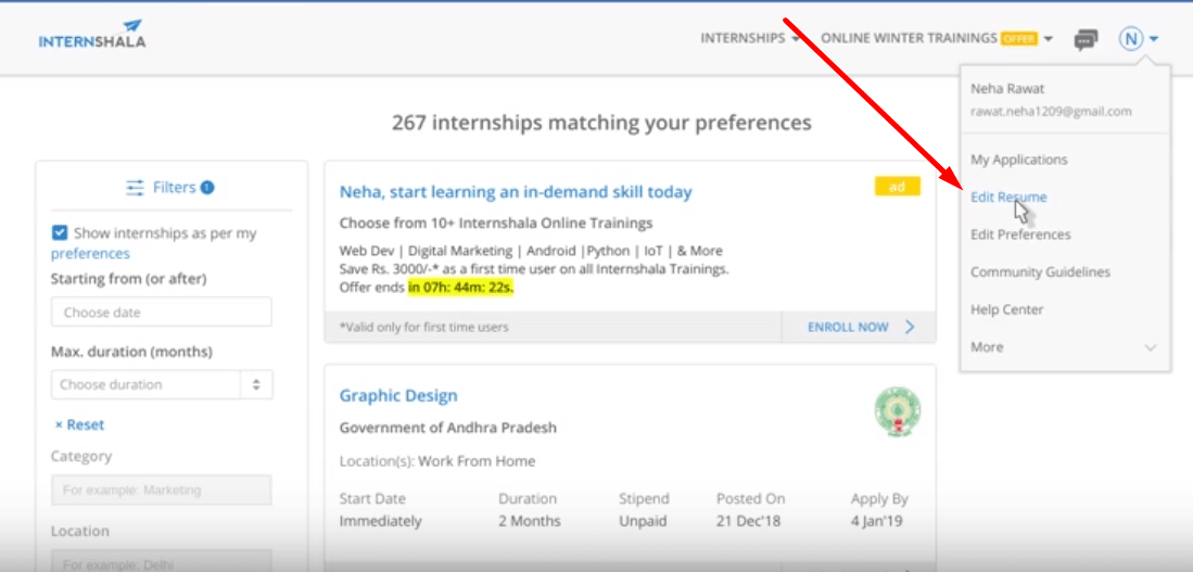 internshala account resume update